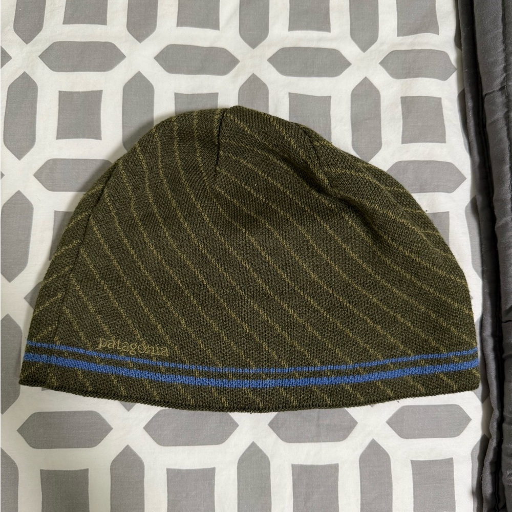Patagonia Olive and Blue Striped Beanie